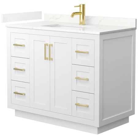 A large image of the Wyndham Collection WCF292942S-QTZ-UNSMXX White / Giotto Quartz Top / Brushed Gold Hardware
