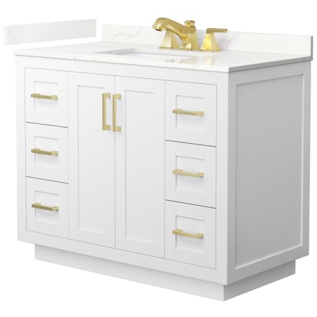 A large image of the Wyndham Collection WCF292942S-QTZ-US3MXX White / Giotto Quartz Top / Brushed Gold Hardware
