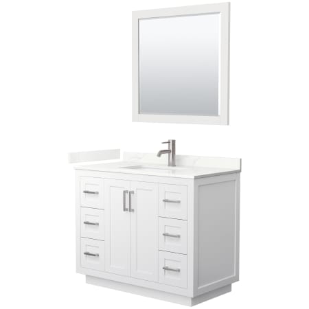 A large image of the Wyndham Collection WCF292942S-QTZ-UNSM34 White / Giotto Quartz Top / Brushed Nickel Hardware