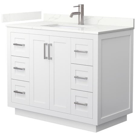 A large image of the Wyndham Collection WCF292942S-QTZ-UNSMXX White / Giotto Quartz Top / Brushed Nickel Hardware