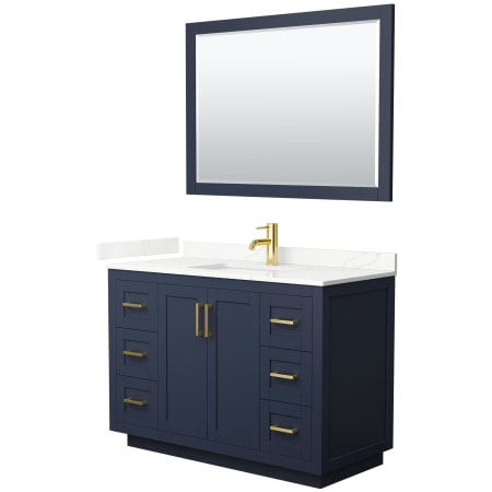 A large image of the Wyndham Collection WCF292948S-QTZ-UNSM46 Dark Blue / Giotto Quartz Top / Brushed Gold Hardware