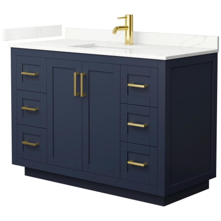 A large image of the Wyndham Collection WCF292948S-QTZ-UNSMXX Dark Blue / Giotto Quartz Top / Brushed Gold Hardware