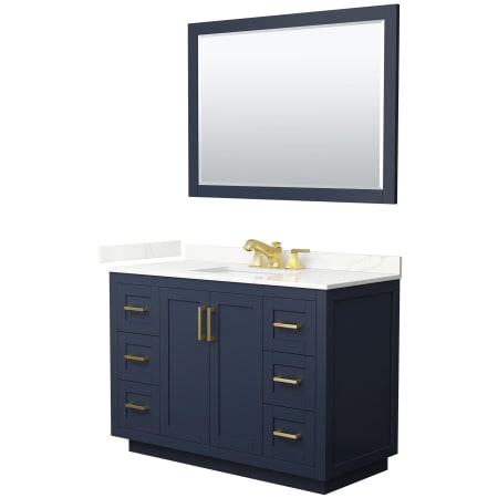 A large image of the Wyndham Collection WCF292948S-QTZ-US3M46 Dark Blue / Giotto Quartz Top / Brushed Gold Hardware
