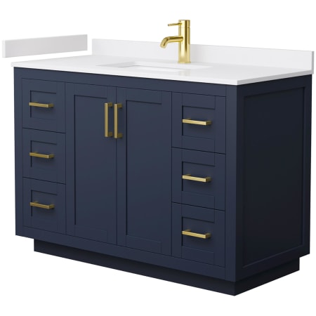 A large image of the Wyndham Collection WCF2929-48S-VCA-MXX Dark Blue / White Cultured Marble Top / Brushed Gold Hardware