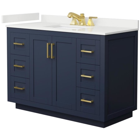 A large image of the Wyndham Collection WCF292948S-QTZ-US3MXX Dark Blue / White Quartz Top / Brushed Gold Hardware