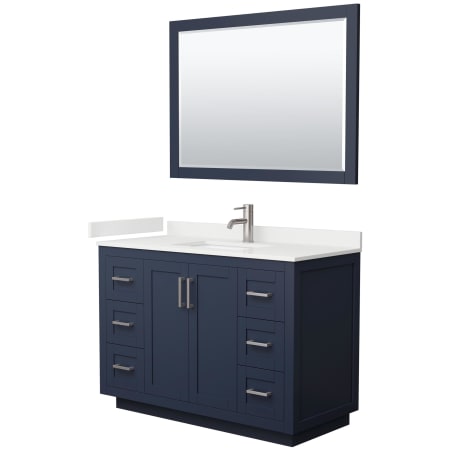 A large image of the Wyndham Collection WCF292948S-QTZ-UNSM46 Dark Blue / White Quartz Top / Brushed Nickel Hardware