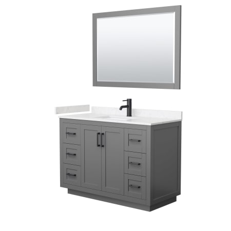 A large image of the Wyndham Collection WCF2929-48S-VCA-M46 Dark Gray / Carrara Cultured Marble Top / Matte Black Hardware