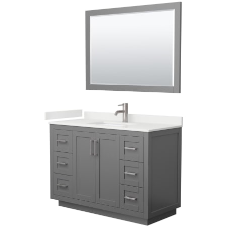 A large image of the Wyndham Collection WCF292948S-QTZ-UNSM46 Dark Gray / White Quartz Top / Brushed Nickel Hardware