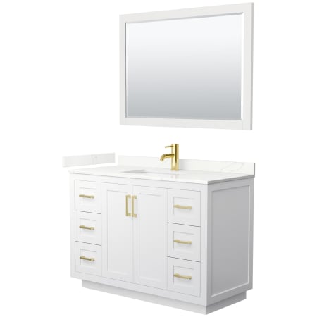 A large image of the Wyndham Collection WCF292948S-QTZ-UNSM46 White / Giotto Quartz Top / Brushed Gold Hardware