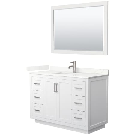 A large image of the Wyndham Collection WCF292948S-QTZ-UNSM46 White / Giotto Quartz Top / Brushed Nickel Hardware
