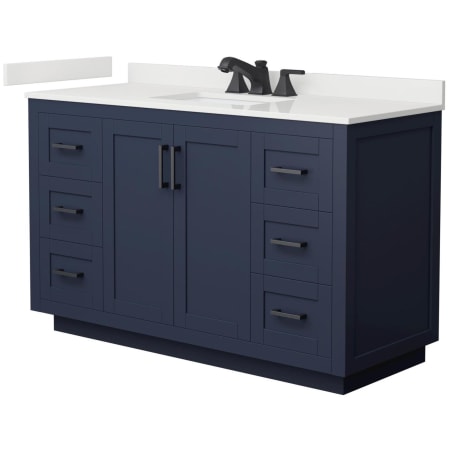 A large image of the Wyndham Collection WCF292954S-QTZ-US3MXX Dark Blue / White Quartz Top / Matte Black Hardware