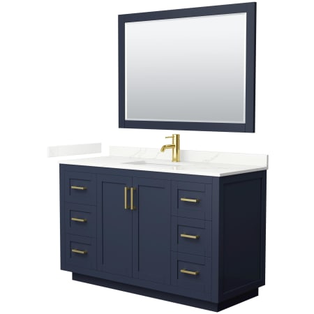 A large image of the Wyndham Collection WCF292954S-QTZ-UNSM46 Dark Blue / Giotto Quartz Top / Brushed Gold Hardware