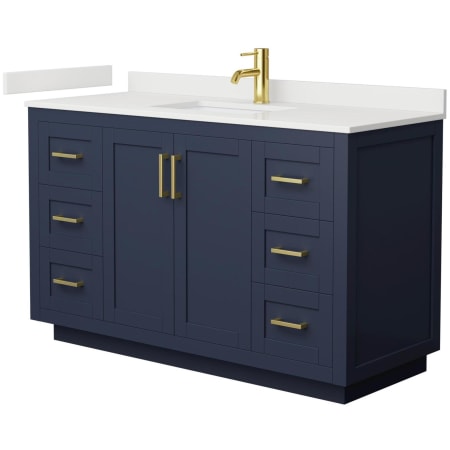 A large image of the Wyndham Collection WCF292954S-QTZ-UNSMXX Dark Blue / White Quartz Top / Brushed Gold Hardware