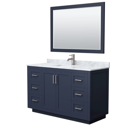 A large image of the Wyndham Collection WCF2929-54S-NAT-M46 Dark Blue / White Carrara Marble Top / Brushed Nickel Hardware