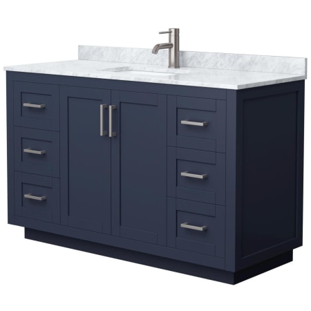 A large image of the Wyndham Collection WCF2929-54S-NAT-MXX Dark Blue / White Carrara Marble Top / Brushed Nickel Hardware