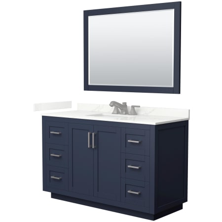 A large image of the Wyndham Collection WCF292954S-QTZ-US3M46 Dark Blue / Giotto Quartz Top / Brushed Nickel Hardware