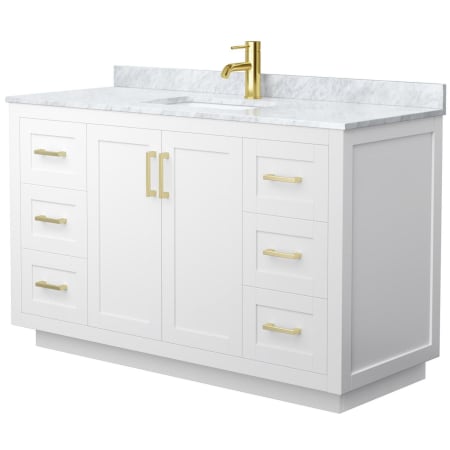 A large image of the Wyndham Collection WCF2929-54S-NAT-MXX White / White Carrara Marble Top / Brushed Gold Hardware