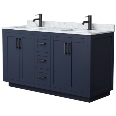 A large image of the Wyndham Collection WCF2929-60D-NAT-MXX Dark Blue / White Carrara Marble Top / Matte Black Hardware