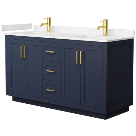 A large image of the Wyndham Collection WCF2929-60D-VCA-MXX Dark Blue / Carrara Cultured Marble Top / Brushed Gold Hardware