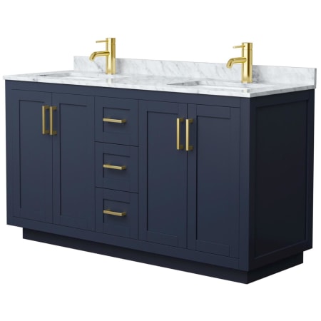 A large image of the Wyndham Collection WCF2929-60D-NAT-MXX Dark Blue / White Carrara Marble Top / Brushed Gold Hardware