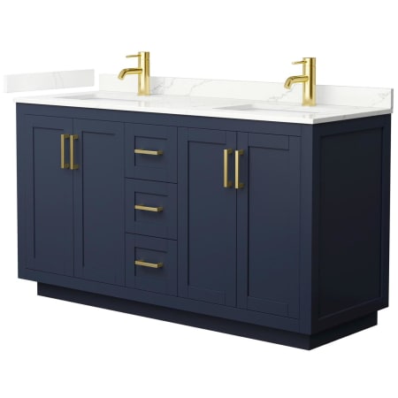 A large image of the Wyndham Collection WCF292960D-QTZ-UNSMXX Dark Blue / Giotto Quartz Top / Brushed Gold Hardware