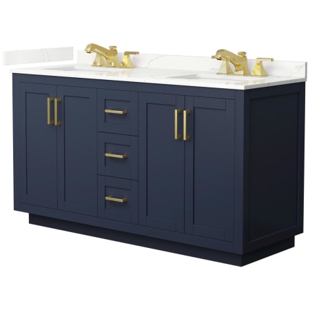 A large image of the Wyndham Collection WCF292960D-QTZ-US3MXX Dark Blue / Giotto Quartz Top / Brushed Gold Hardware