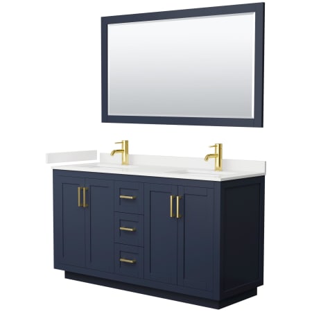 A large image of the Wyndham Collection WCF292960D-QTZ-UNSM58 Dark Blue / White Quartz Top / Brushed Gold Hardware