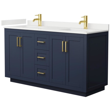 A large image of the Wyndham Collection WCF292960D-QTZ-UNSMXX Dark Blue / White Quartz Top / Brushed Gold Hardware