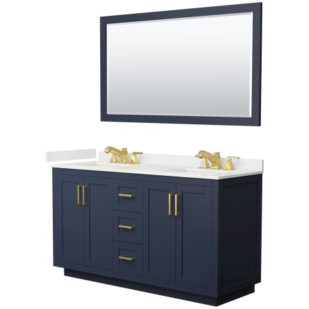 A large image of the Wyndham Collection WCF292960D-QTZ-US3M58 Dark Blue / White Quartz Top / Brushed Gold Hardware