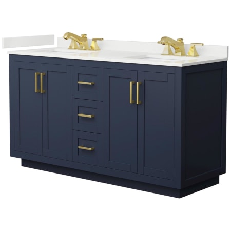 A large image of the Wyndham Collection WCF292960D-QTZ-US3MXX Dark Blue / White Quartz Top / Brushed Gold Hardware