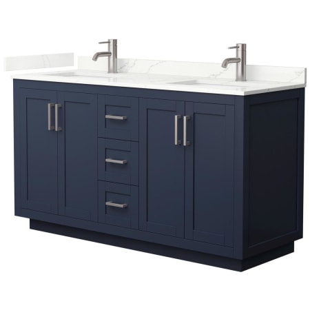 A large image of the Wyndham Collection WCF292960D-QTZ-UNSMXX Dark Blue / Giotto Quartz Top / Brushed Nickel Hardware