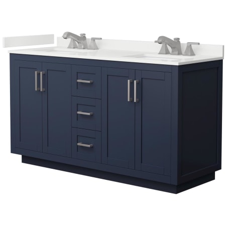 A large image of the Wyndham Collection WCF292960D-QTZ-US3MXX Dark Blue / White Quartz Top / Brushed Nickel Hardware