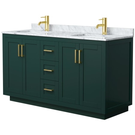 A large image of the Wyndham Collection WCF2929-60D-NAT-MXX Green / White Carrara Marble Top / Brushed Gold Hardware