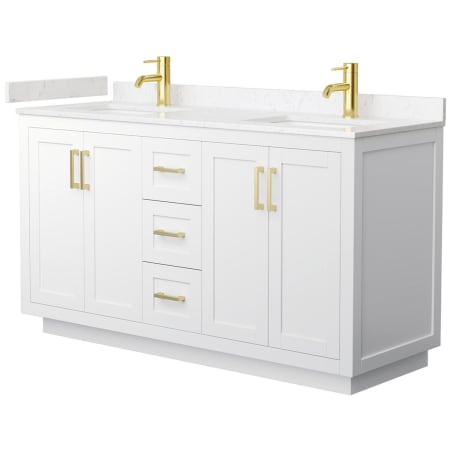 A large image of the Wyndham Collection WCF2929-60D-VCA-MXX White / Carrara Cultured Marble Top / Brushed Gold Hardware