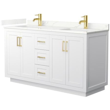 A large image of the Wyndham Collection WCF292960D-QTZ-UNSMXX White / Giotto Quartz Top / Brushed Gold Hardware