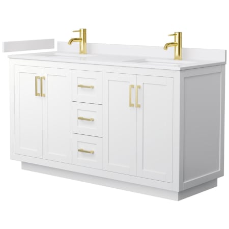 A large image of the Wyndham Collection WCF2929-60D-VCA-MXX White / White Cultured Marble Top / Brushed Gold Hardware