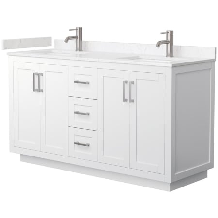A large image of the Wyndham Collection WCF2929-60D-VCA-MXX White / Carrara Cultured Marble Top / Brushed Nickel Hardware