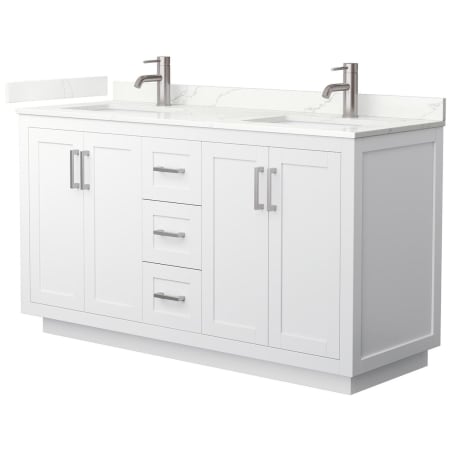 A large image of the Wyndham Collection WCF292960D-QTZ-UNSMXX White / Giotto Quartz Top / Brushed Nickel Hardware