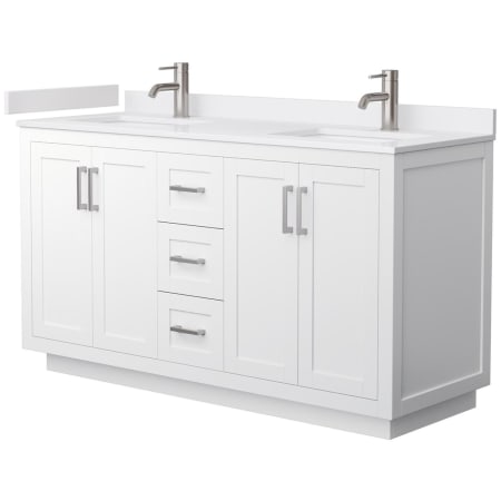 A large image of the Wyndham Collection WCF2929-60D-VCA-MXX White / White Cultured Marble Top / Brushed Nickel Hardware