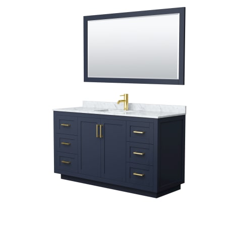 A large image of the Wyndham Collection WCF2929-60S-NAT-M58 Dark Blue / White Carrara Marble Top / Brushed Gold Hardware