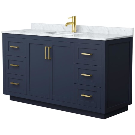 A large image of the Wyndham Collection WCF2929-60S-NAT-MXX Dark Blue / White Carrara Marble Top / Brushed Gold Hardware