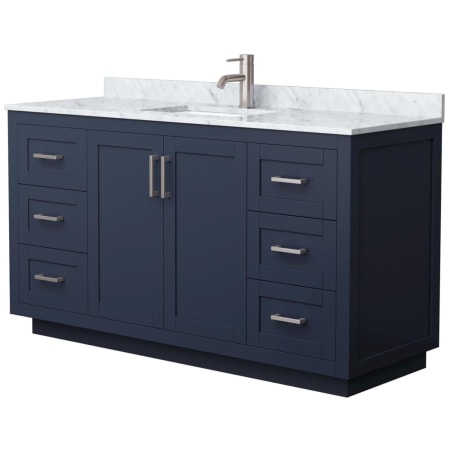 A large image of the Wyndham Collection WCF2929-60S-NAT-MXX Dark Blue / White Carrara Marble Top / Brushed Nickel Hardware