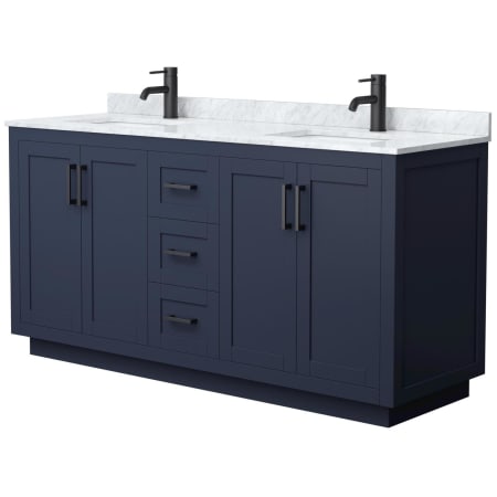 A large image of the Wyndham Collection WCF2929-66D-NAT-MXX Dark Blue / White Carrara Marble Top / Matte Black Hardware