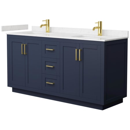 A large image of the Wyndham Collection WCF2929-66D-VCA-MXX Dark Blue / Carrara Cultured Marble Top / Brushed Gold Hardware