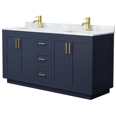 A large image of the Wyndham Collection WCF2929-66D-NAT-MXX Dark Blue / White Carrara Marble Top / Brushed Gold Hardware