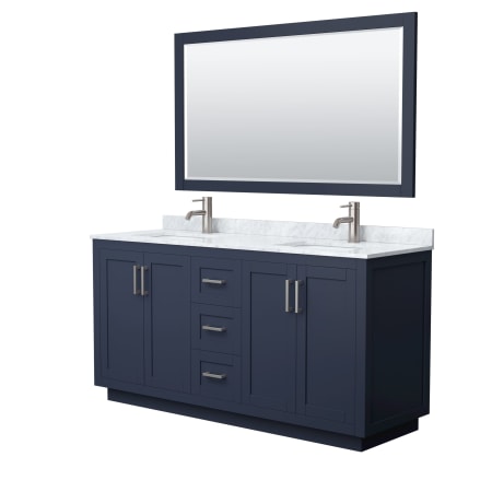A large image of the Wyndham Collection WCF2929-66D-NAT-M58 Dark Blue / White Carrara Marble Top / Brushed Nickel Hardware