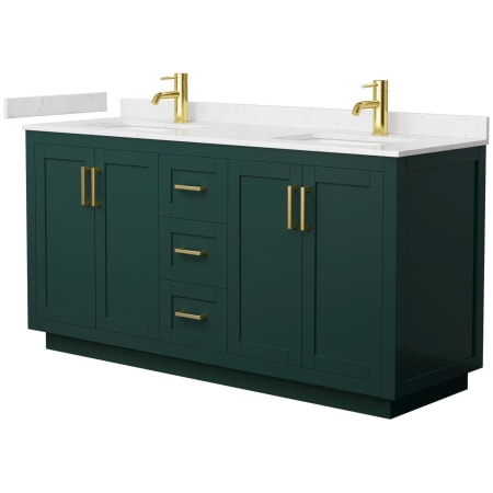 A large image of the Wyndham Collection WCF2929-66D-VCA-MXX Green / Carrara Cultured Marble Top / Brushed Gold Hardware