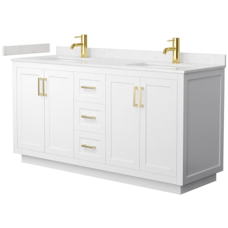 A large image of the Wyndham Collection WCF2929-66D-VCA-MXX White / Carrara Cultured Marble Top / Brushed Gold Hardware