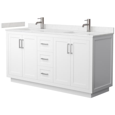 A large image of the Wyndham Collection WCF2929-66D-VCA-MXX White / Carrara Cultured Marble Top / Brushed Nickel Hardware