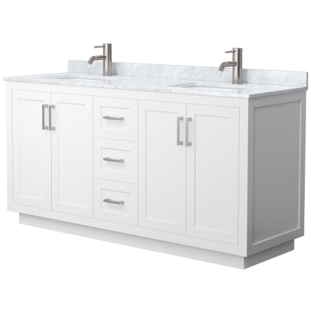 A large image of the Wyndham Collection WCF2929-66D-NAT-MXX White / White Carrara Marble Top / Brushed Nickel Hardware